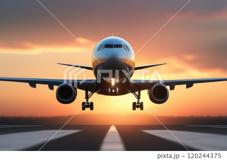 front view of photorealistic passenger plane landing 120244375