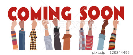 Raised hands holding red letters forming the text COMING SOON. Banner for announcements promotions notifications or new arrivals for advertising or promotional campaigns 120244493