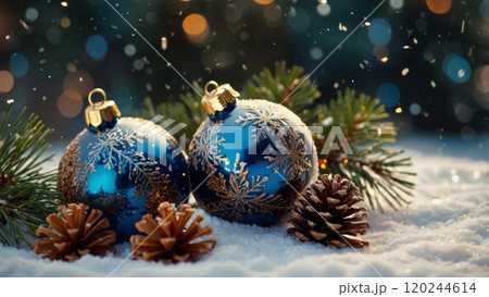 golden Christmas ornaments nestled in a bed of snow-covered pine branches 120244614