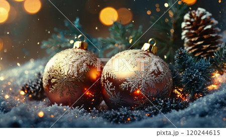 golden Christmas ornaments nestled in a bed of snow-covered pine branches 120244615