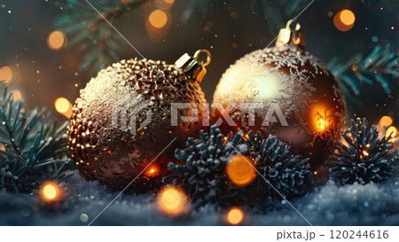 golden Christmas ornaments nestled in a bed of snow-covered pine branches 120244616