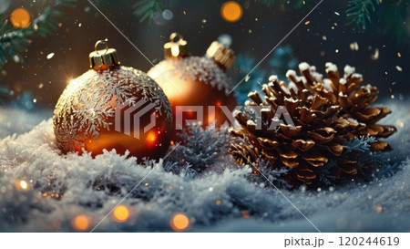 golden Christmas ornaments nestled in a bed of snow-covered pine branches 120244619