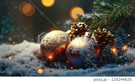 golden Christmas ornaments nestled in a bed of snow-covered pine branches 120244620