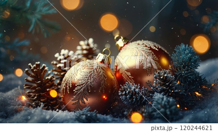 golden Christmas ornaments nestled in a bed of snow-covered pine branches 120244621