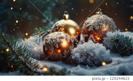golden Christmas ornaments nestled in a bed of snow-covered pine branches 120244622