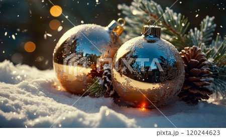 golden Christmas ornaments nestled in a bed of snow-covered pine branches 120244623