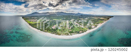 Aerial panorama of Corsicas east coast near Poggio Mezzana captured from a drone Aerial panorama of Corsicas east coast near Poggio Mezzana captured from a drone 120245002