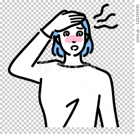 A young woman with a fever holding her forehead in pain A young woman with a fever holding her forehead in pain 120245040