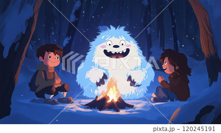 Yeti and two children are sitting around a campfire in the snow-covered forest in the evening 120245191