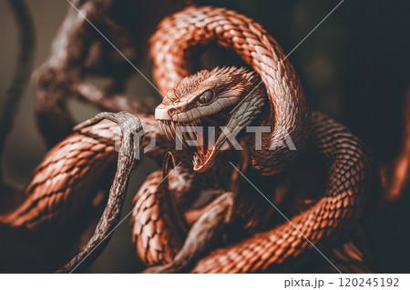 A fantastic writhing snake with an open mouth is ready to throw 120245192