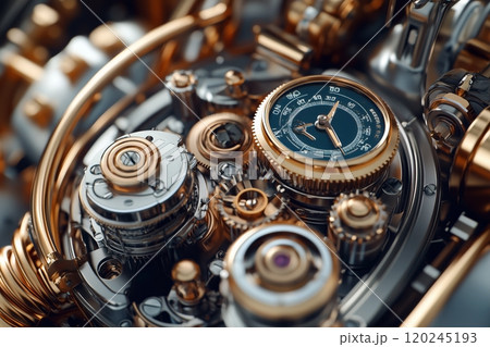 Unusual strange gear mechanism, similar to a watch, but with a lot of details, there are pressure gauges and thermometers 120245193
