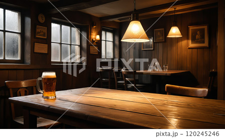 close up horizontal image of a glass of lager beer with foam placed on the table of a classic pub 120245246