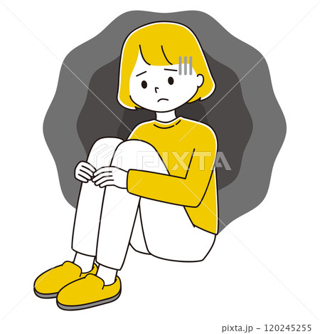 落ち込んで三角座りをする女性のイラスト 120245255