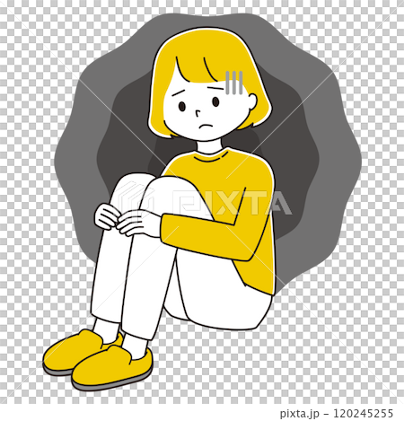 落ち込んで三角座りをする女性のイラスト 120245255