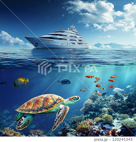 Tropical beach, yacht and coral reef underwater 120245343