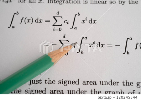 Pencil on mathematic formula exercise test paper in education school. 120245544