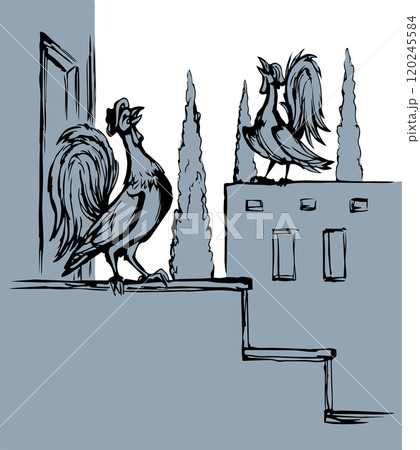Vector drawing. Singing cock at morning 120245584
