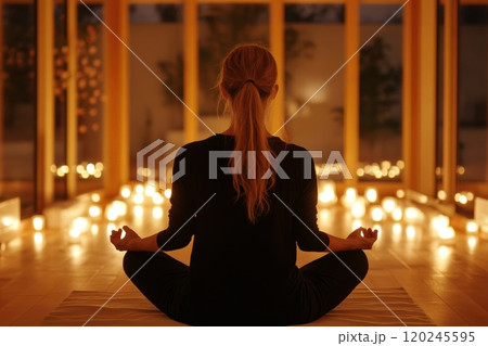 Woman meditating in a peaceful room with candlelight ambiance, back view Woman meditating in a peaceful room with candlelight ambiance, back view 120245595