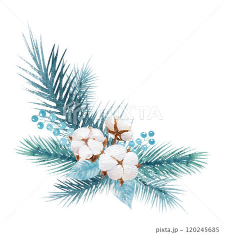 Watercolor illustration beautiful Christmas composition with cotton and fir tree branches in blue-blue tone. Hand drawn New Year illustration Watercolor illustration beautiful Christmas composition with cotton and fir tree branches in blue-blue tone. Hand drawn New Year illustration 120245685