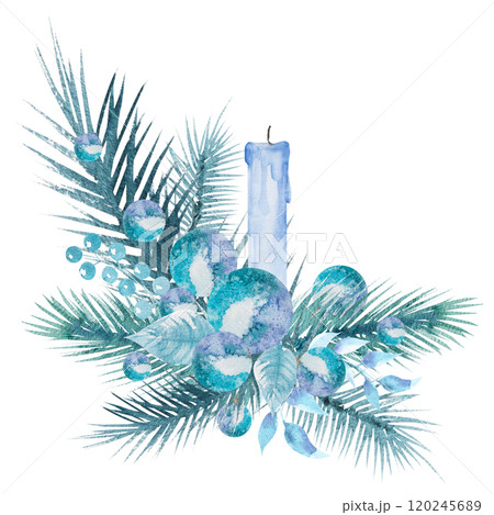 Watercolor illustration of a beautiful Christmas composition with fir tree branches, blue candle and poinsettia flowers in blue-light blue tones. Hand-drawn New Year illustration 120245689