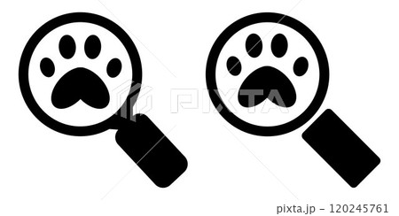 Pet search icon. Magnifying glass and paw print. Veterinarian and Pets. Search for missing pets. 120245761