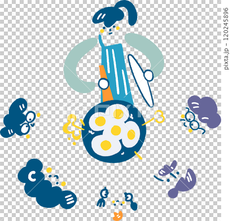 一組為五個人烤煎蛋的女孩和她的家人期待的庫存插畫素材 120245896