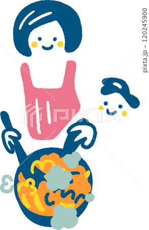 深手のフライパンで牛丼を作る母親と待ち遠しい子供　ストックイラスト素材 120245900