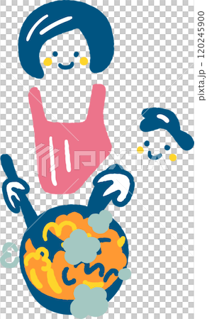 深手のフライパンで牛丼を作る母親と待ち遠しい子供　ストックイラスト素材 120245900