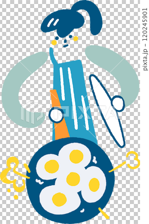 Young woman making fried eggs for five people Stock illustration 120245901