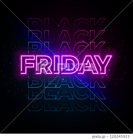 Black Friday Sale Banner with Glowing Neon Light Typography Lettering on Dark Background. Modern Vector Holiday Season Minimal Design for Promotion Flyer, Advertising Poster, Fashion Ads and Social 120245915
