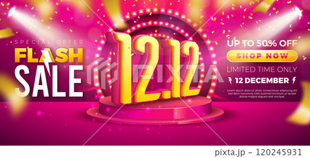 12 December Shopping Day Flash Sale Design with 3d 12.12 Number, Light Bulb Billboard and Stage Podium on Red Background. Vector Special Offer 50 Percent Off Campaign Discount Illustration for Coupon 120245931