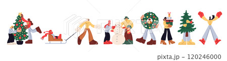 Christmas gift. Family preparing and celebrating winter holiday. Happy couple carry Xmas tree. Woman holding New Years present box. Holiday shopping. Man making snowman. Vector festive characters set Christmas gift. Family preparing and celebrating winter holiday. Happy couple carry Xmas tree. Woman holding New Years present box. Holiday shopping. Man making snowman. Vector festive characters set 120246000