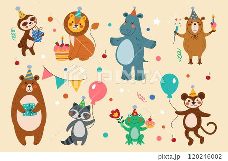 Birthday party. Happy cartoon animals. Cute bear and monkey with festive hats and balloons. Funny lion and raccoon celebrating kids anniversary. Children holiday. Vector tidy childish characters set 120246002