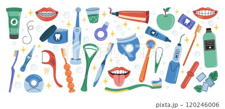 Dental icon set. Toothbrush and floss, teeth hygiene, electric brush. Medical dentist, tooth care. Oral health, different tools, mouth treatment. Vector tidy cartoon flat style isolated illustration 120246006