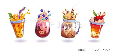 Milkshake icon cartoon set. Milk splash in glass. Drink cute dessert with chocolate, fruit and berry. Beverage in plastic sweet. Summer exotic food in cups. Vector 3D menu of tidy cocktails collection 120246007