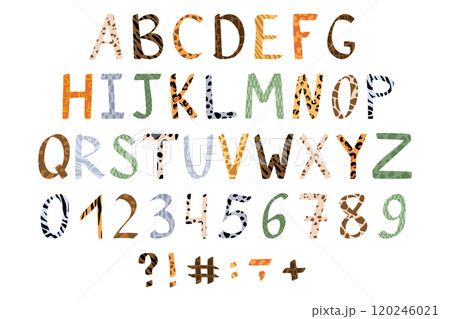 Animal font. Safari alphabet. Mammal skin pattern. African typeset for birthday poster. Children text print. Fur texture. Typographic leopard uppercase letters. Vector garish zoo lettering icons set Animal font. Safari alphabet. Mammal skin pattern. African typeset for birthday poster. Children text print. Fur texture. Typographic leopard uppercase letters. Vector garish zoo lettering icons set 120246021
