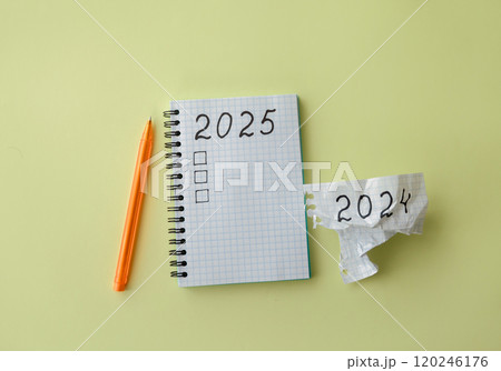 New Year 2025 Goals. List of plans in a notebook. New Year planning concept. Website banner, design. Flat layout, top view New Year 2025 Goals. List of plans in a notebook. New Year planning concept. Website banner, design. Flat layout, top view 120246176