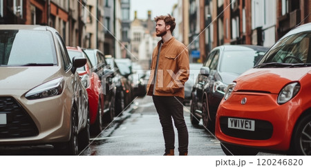 A young man stands thoughtfully in a narrow street lined with parked cars. The urban scene captures a moment of reflection. Perfect for lifestyle or city themes. AI 120246820