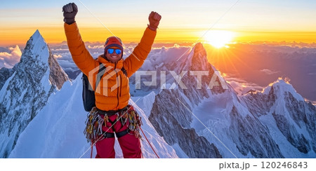 A triumphant climber stands atop a snowy peak, celebrating a successful ascent. The sun sets behind majestic mountains, casting a warm glow. An image of adventure and achievement. AI 120246843