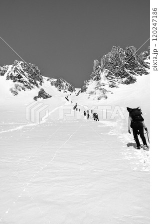 千畳敷カールを登る登山者　残雪期の木曽駒ヶ岳登山ツアー　新聞広告用 120247186