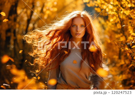 Young woman walking in bright autumn forest 120247523