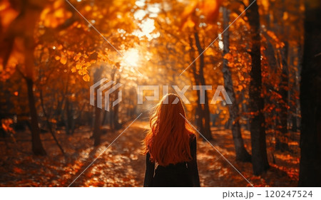 Young woman walking in bright autumn forest 120247524