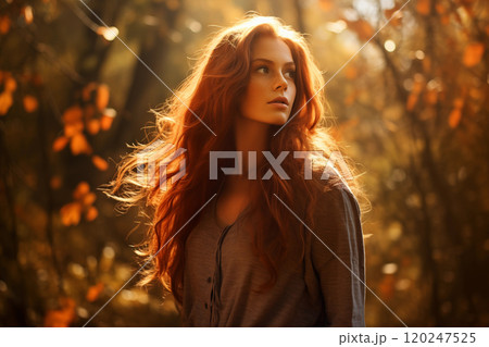 Young woman walking in bright autumn forest 120247525