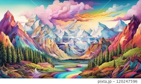 Vibrant mountain landscape with colorful peaks Vibrant mountain landscape with colorful peaks 120247596