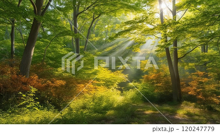 Serene Forest in Summer Light with Gentle Sunrays 120247779