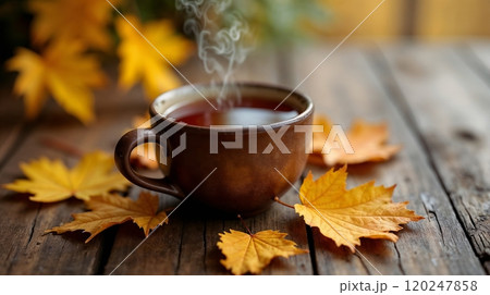 Steaming Tea on Rustic Table with Fall Leaves 120247858