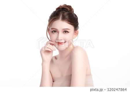 Beautiful young asian woman with clean fresh skin on white background, Face care, Facial treatment, Cosmetology, beauty and spa, Asian women portrait. 120247864