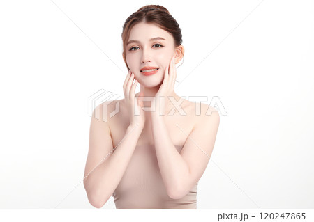 Beautiful young asian woman with clean fresh skin on white background, Face care, Facial treatment, Cosmetology, beauty and spa, Asian women portrait. 120247865