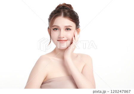 Beautiful young asian woman with clean fresh skin on white background, Face care, Facial treatment, Cosmetology, beauty and spa, Asian women portrait. 120247867