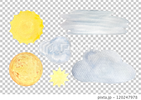 Sun, moon, star and clouds watercolor illustration set isolated on white. Hand painted high quality clip art. Perfect St Valentine day, for love cards, posters, textile decor. Clip art Sun, moon, star and clouds watercolor illustration set isolated on white. Hand painted high quality clip art. Perfect St Valentine day, for love cards, posters, textile decor. Clip art 120247978